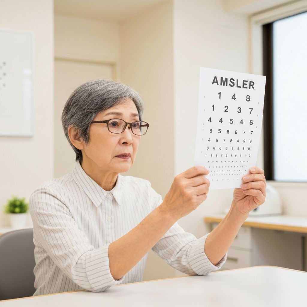 アムスラーチャートで黄斑変性の検査を行う患者