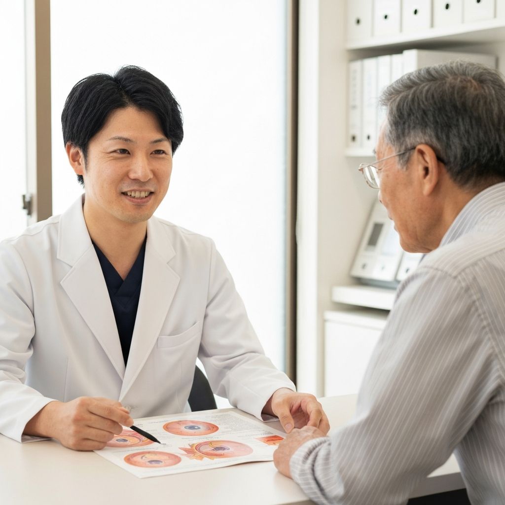 白内障の原因について説明する医師