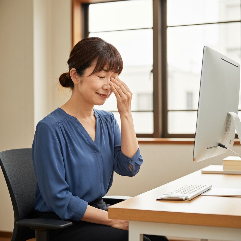 目の疲れを感じる女性