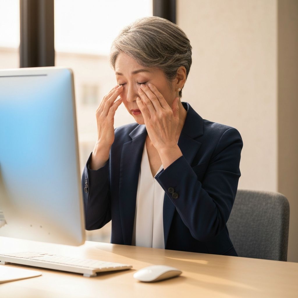 パソコン作業で目の疲れを感じる女性