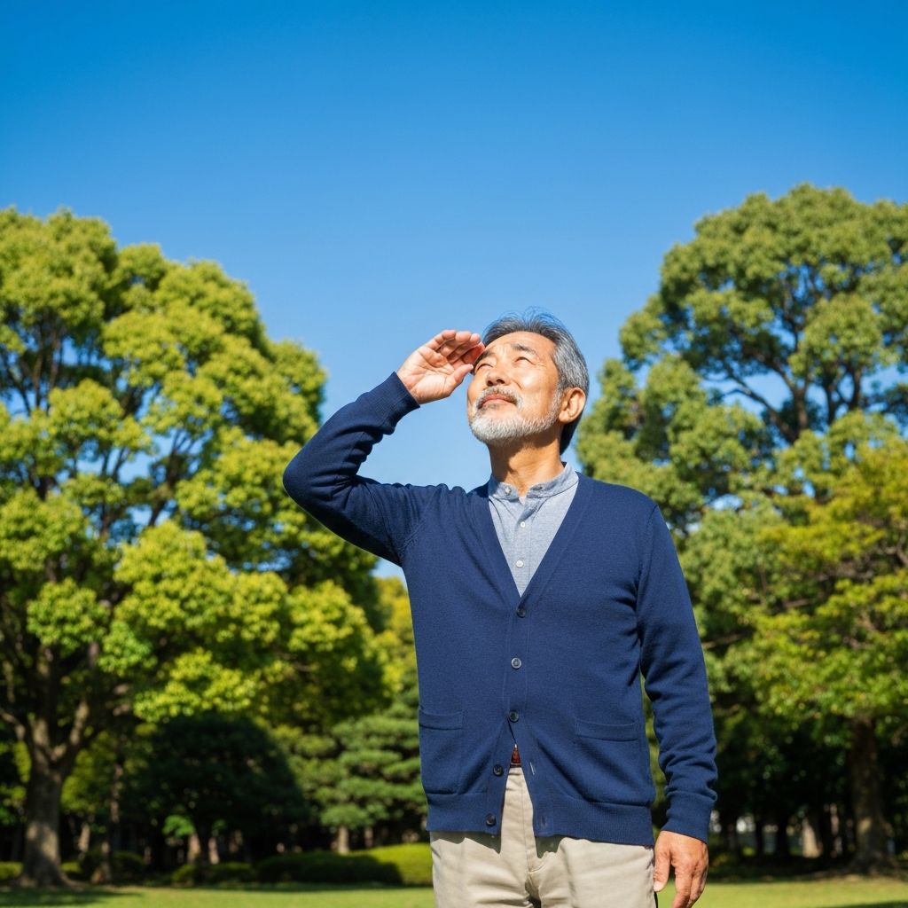 明るい空を見上げて飛蚊症に気づく人