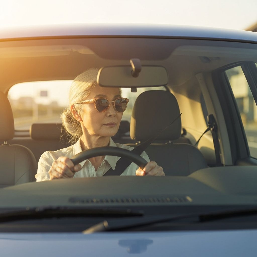 車を運転する女性 - 遠くがはっきり見える単焦点レンズ